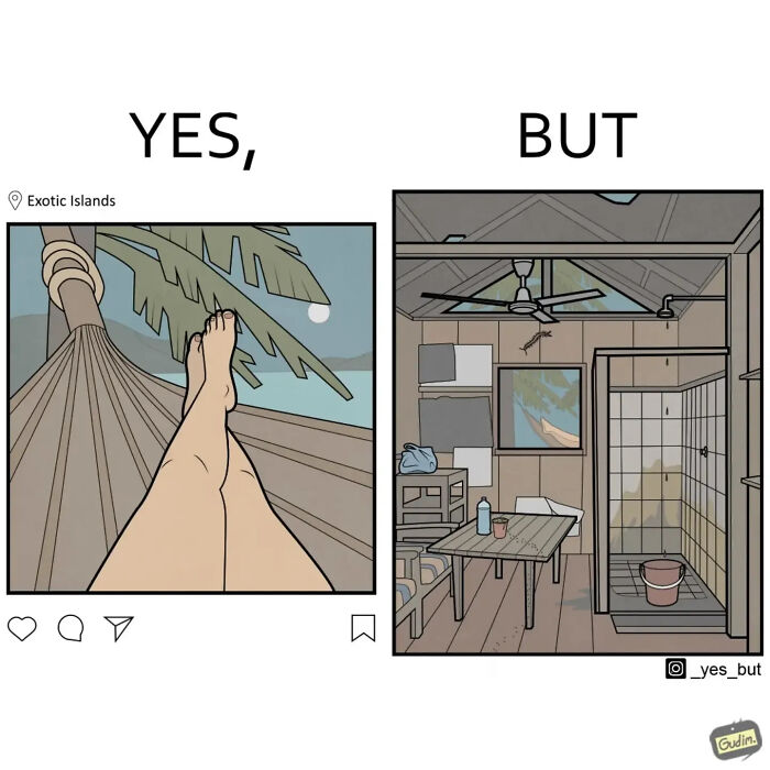 A comic strip contrasting a person relaxing in a hammock on an exotic island with a basic interior, one of many clever comics.
