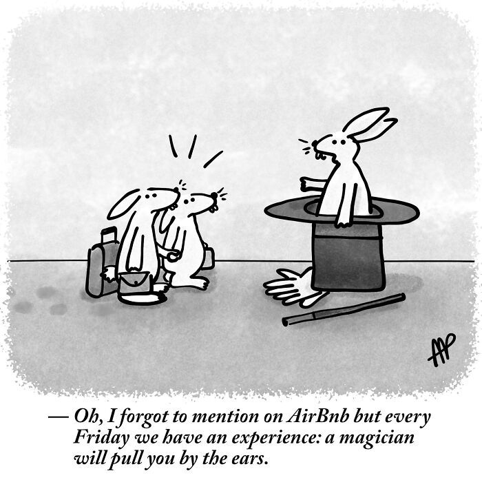 Witty single-panel comic: Two rabbits with luggage look at a third rabbit emerging from a magician's hat.