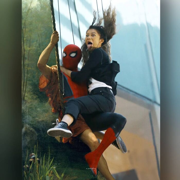 Digital artist blends famous movies and classical art: Spider-Man and MJ swinging on a rope, incorporated into a classical painting.
