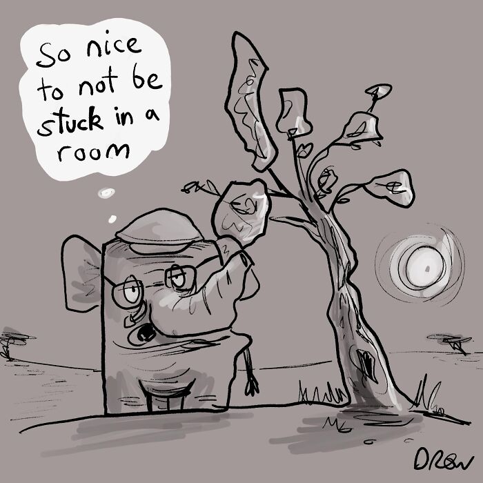A single-panel comic of an elephant with glasses by a tree, illustrating surprisingly clever everyday observations.