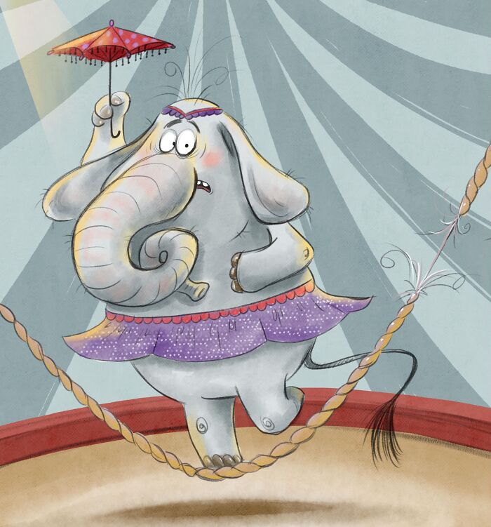 Lovable illustrated character of an elephant walking on a tightrope with a small umbrella, portraying animals.