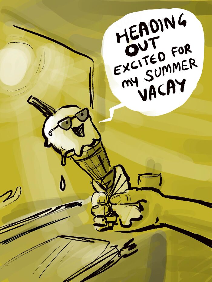 A single-panel comic featuring a melting ice cream cone with sunglasses, reflecting clever everyday observations.