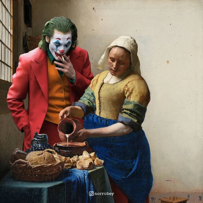 Digital artist blends famous movies and classical art: The Joker stands with the Milkmaid, a classic art mashup.