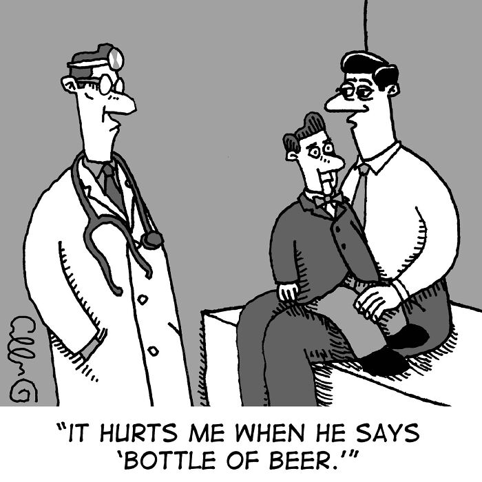 Dry and absurd cartoon by J.C. Duffy of a doctor and a man on an exam table, with a third man saying his partner hurts him when he says bottle of beer.