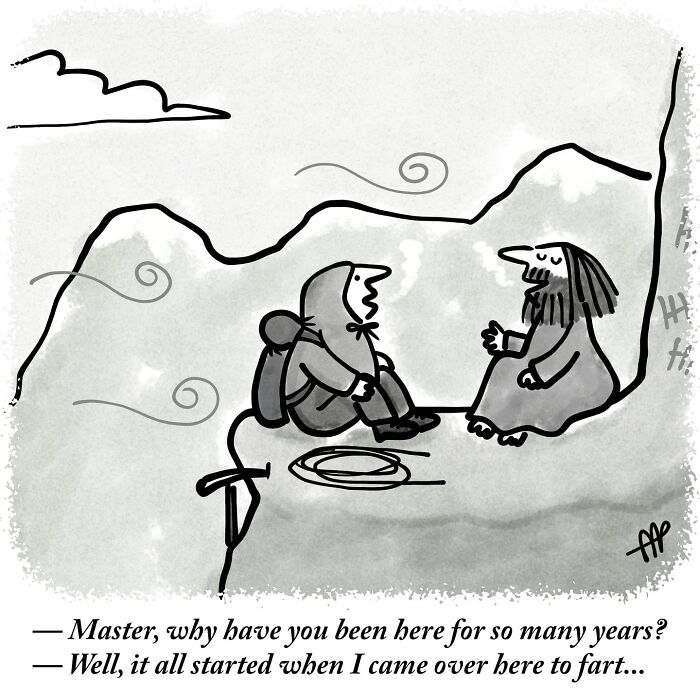 Witty single-panel comic: A hiker talks to a guru on a mountain ledge, asking about his long stay.