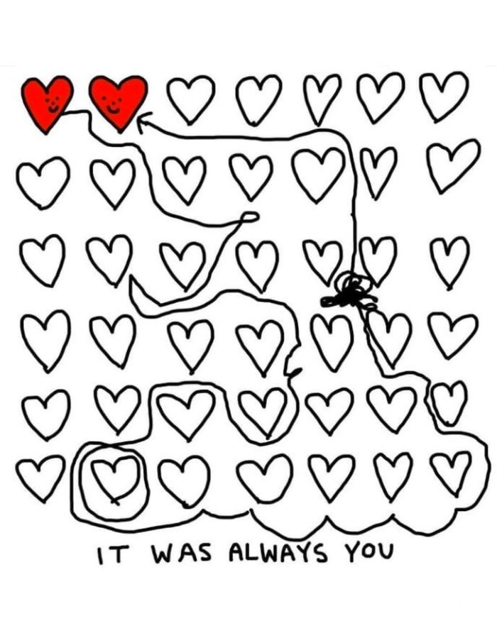Light-hearted illustrations with a maze of hearts, highlighting two red smiling hearts and the phrase It was always you, featuring comical puns.