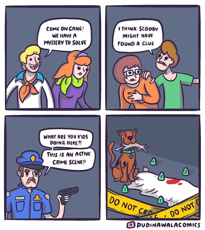 A comic strip with a hilarious spin on Scooby Doo and pop culture, showing them at a crime scene with a police officer.