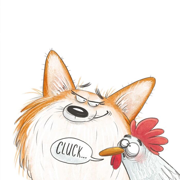 An illustrated character of a corgi looking mischievously at a chicken, showing lovable animals.