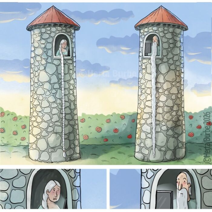 Herta Burbė illustration: Rapunzel in a tower, with a man ascending her long hair in a humorous twist.