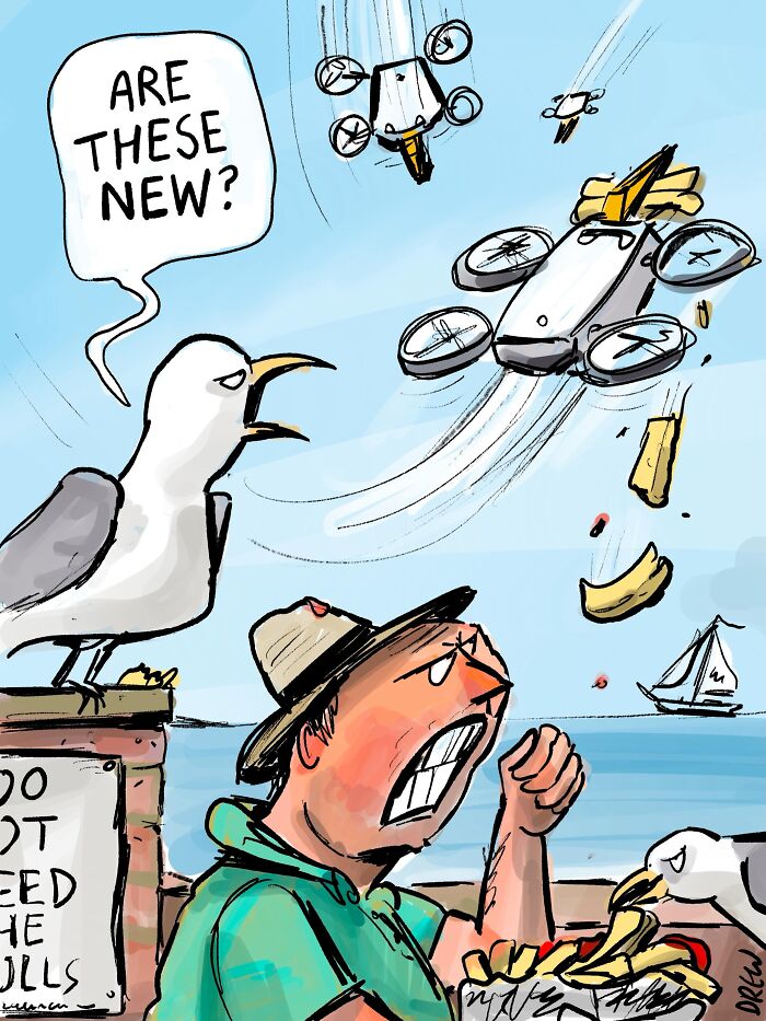 A clever single-panel comic depicts a person losing food to seagulls and drones, with a sign saying do not feed the gulls.