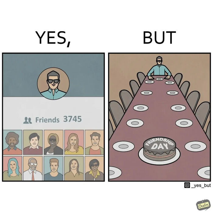 A comic strip depicting a person with many online friends versus a person alone at a long table with a Friendship Day cake, a clever comic.
