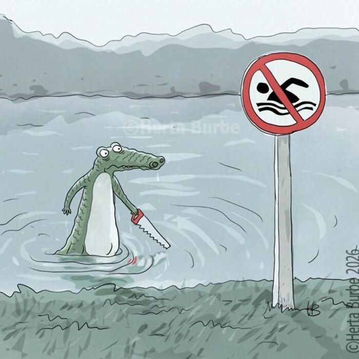 Herta Burbė comic: A crocodile with a saw stands in water next to a no-swimming sign.