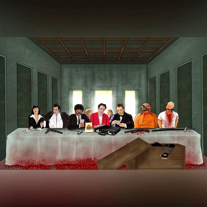 Digital artist blends famous movies with classical art, portraying a Last Supper parody with movie characters.