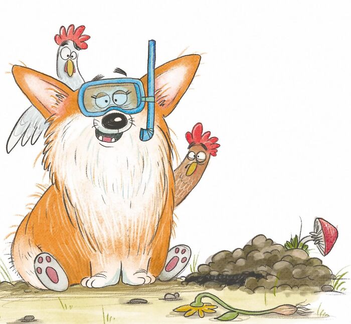 Lovable illustrated character of a corgi with a snorkel and chickens, depicting funny animals.