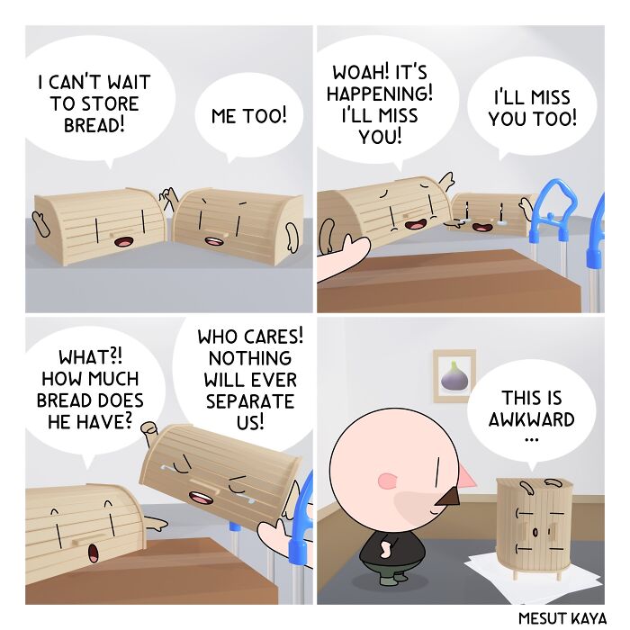 A silly comic by Mesut Kaya showing bread boxes panicking as one gets put away, then discovering a cupboard full of other bread boxes.