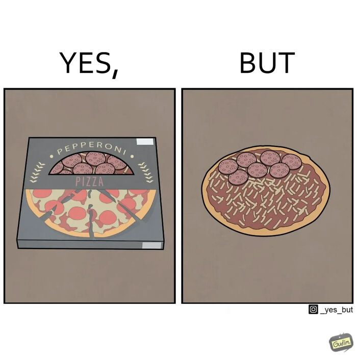 A comic strip showing a pizza box with a perfect pizza in one panel, and a pizza with meager toppings in the other, highlighting clever comics.