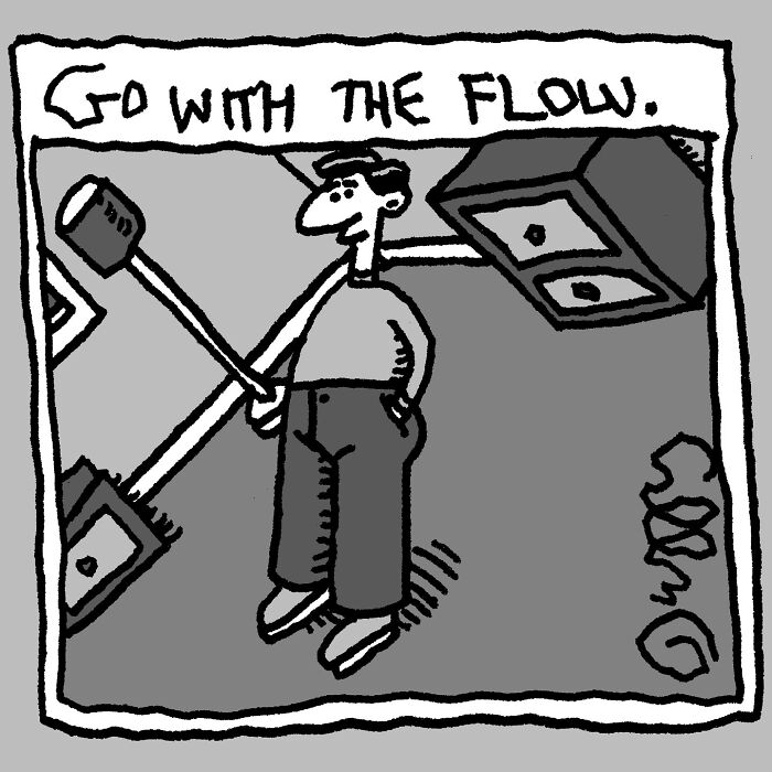 Absurd cartoons by J.C. Duffy showing a man with a large mop and bucket in a flooded room.