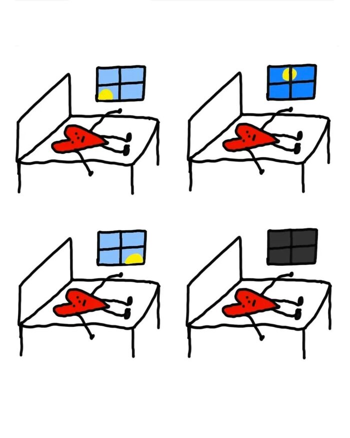 Light-hearted illustrations of a red heart lying in bed through different times of day and night, showcasing comical puns.