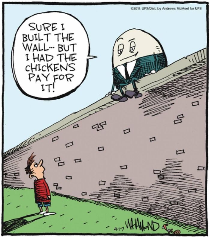 Dave Whamond cartoon: Humpty Dumpty, a pop culture icon, sits on a wall, telling a boy he made the chickens pay for it.
