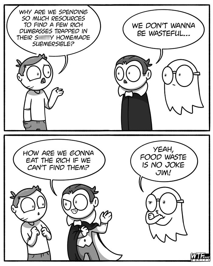 WTFramecomics comic shows two figures debating finding rich people, highlighting the world's resource allocation.