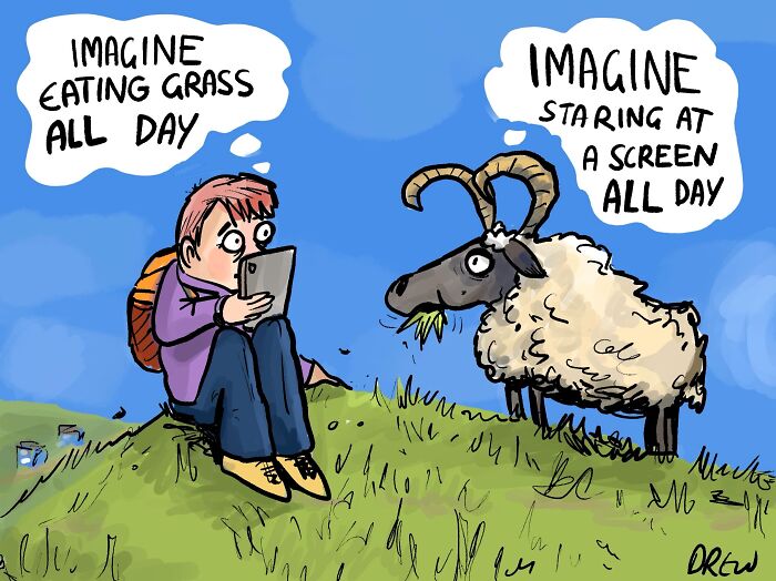 A clever single-panel comic showing a person staring at a phone, thinking about sheep, while a sheep thinks about staring at a screen.
