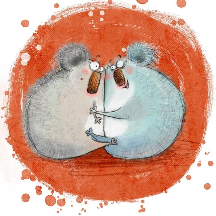 Illustrated characters of two koalas embracing, showcasing lovable animals.