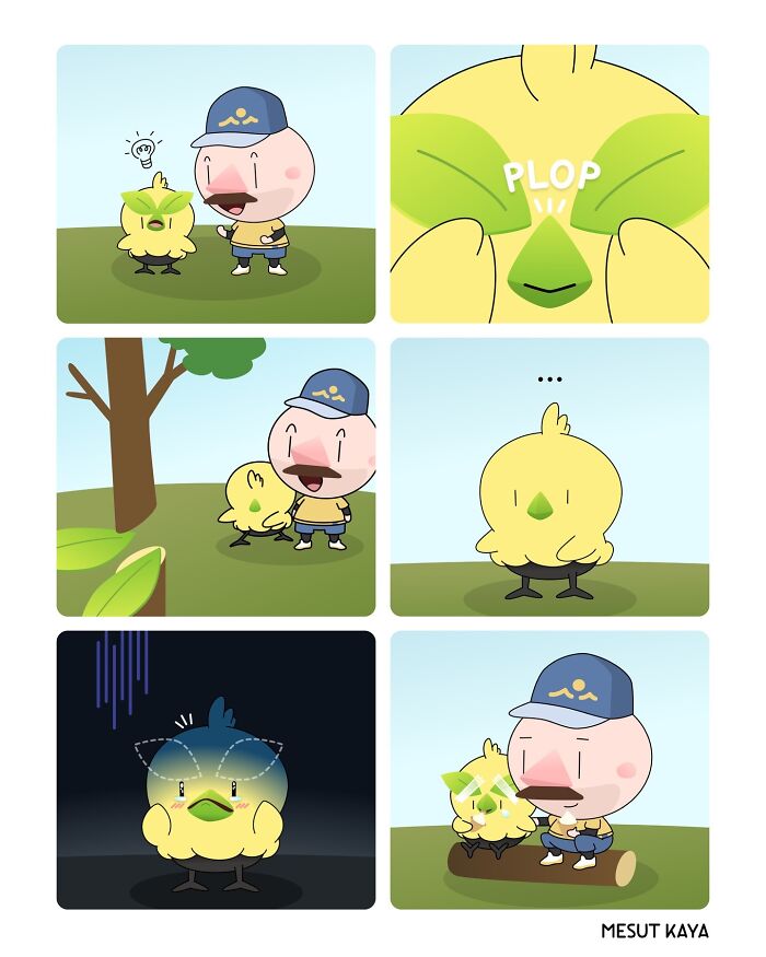 A funny comic by Mesut Kaya about a man trying to give a chick a leaf hat, but it cries because it makes the chick blind.
