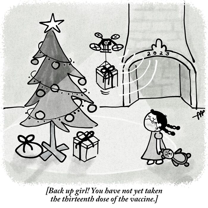 Witty single-panel comic: A drone delivers a Christmas gift to a girl, with 2023 on the fireplace.