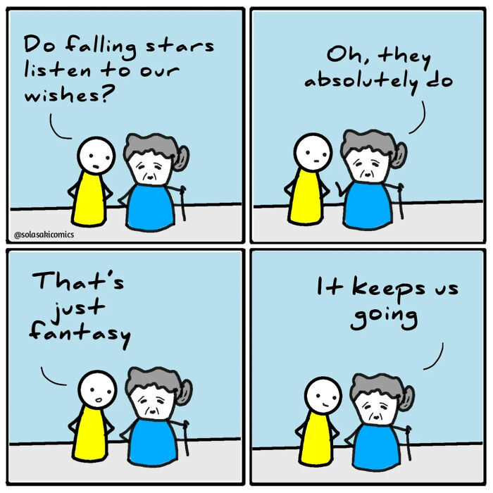 A clever comic where a grandmother tells a child that falling stars absolutely listen to wishes, making mundane moments hilarious.
