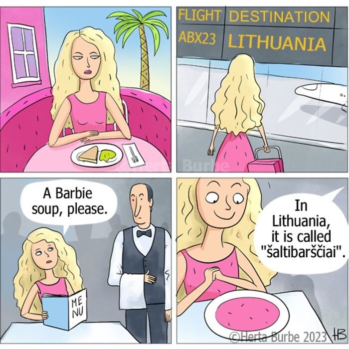 Herta Burbe illustration featuring a woman in Lithuania ordering Barbie soup, showcasing daily comics and illustrations.