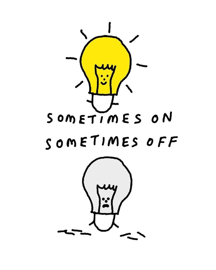 A light-hearted illustration with two light bulbs, one on and one off, with silly wordplay.