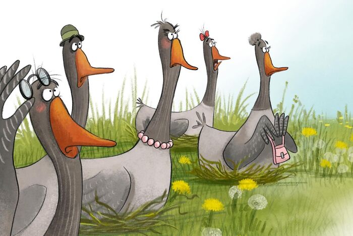 Lovable illustrated characters, four geese sitting in nests in a field of dandelions, looking surprised at a fifth goose.