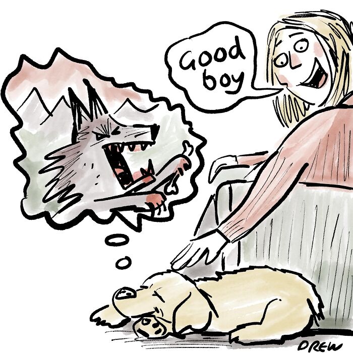 A clever single-panel comic illustrates a woman petting her dog, thinking 'Good boy,' while the dog imagines itself as a ferocious wolf.
