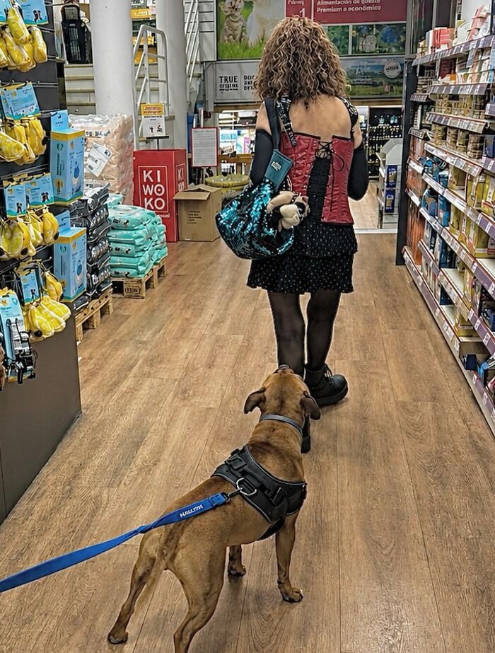 A photographer captures perfectly timed coincidences of a dog in a pet store, looking up at its owner in Barcelona.