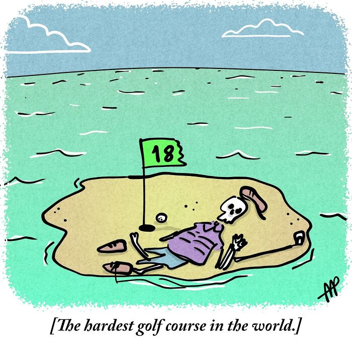 A skeleton on a tiny island with a golf flag marked '18' in a witty single-panel comic.
