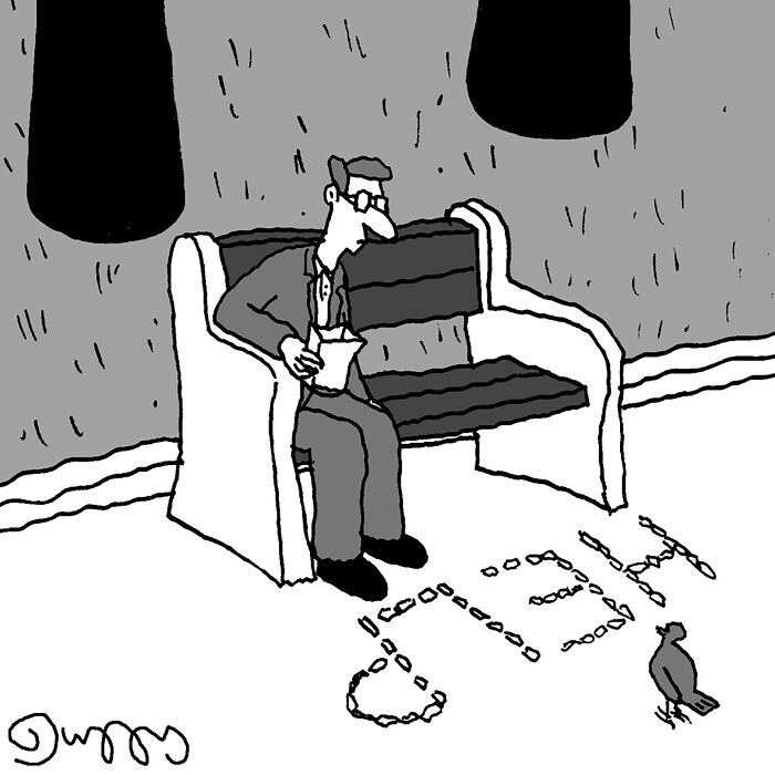 Absurd cartoons by J.C. Duffy depicting a man on a bench next to seed art.