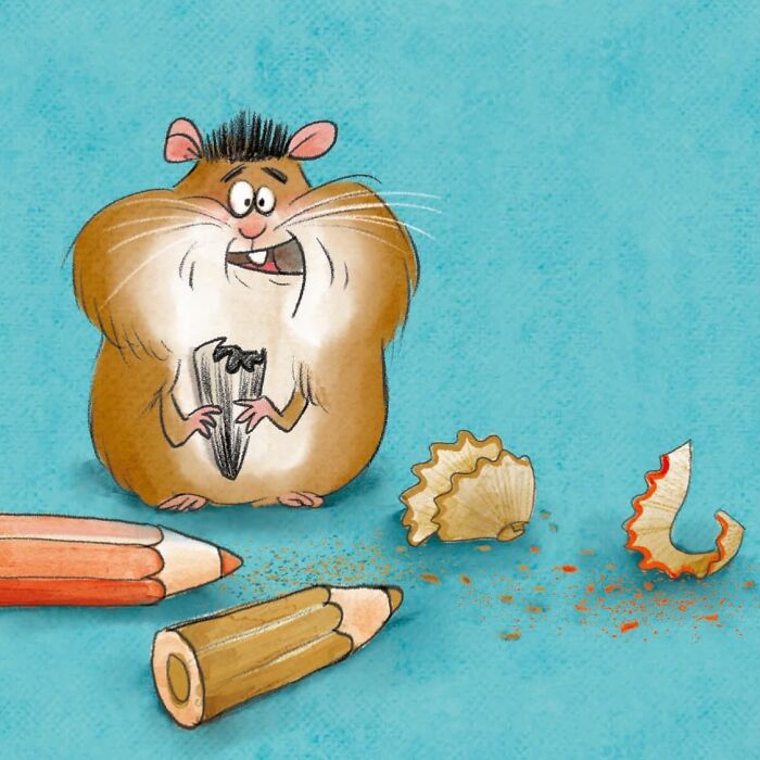 Lovable illustrated character hamster eating a sunflower seed next to colored pencils and pencil shavings.