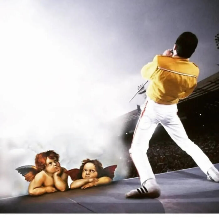 Digital artist blends famous movies with classical art, featuring Freddie Mercury with classical cherubs.