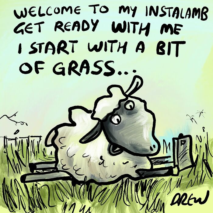 A clever single-panel comic features a sheep doing an 'Instalamb' video, getting ready with grass.