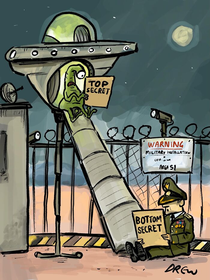 A clever single-panel comic shows an alien on a slide from a UFO with a 'Top Secret' sign, and a general with a 'Bottom Secret' sign near Area 51.