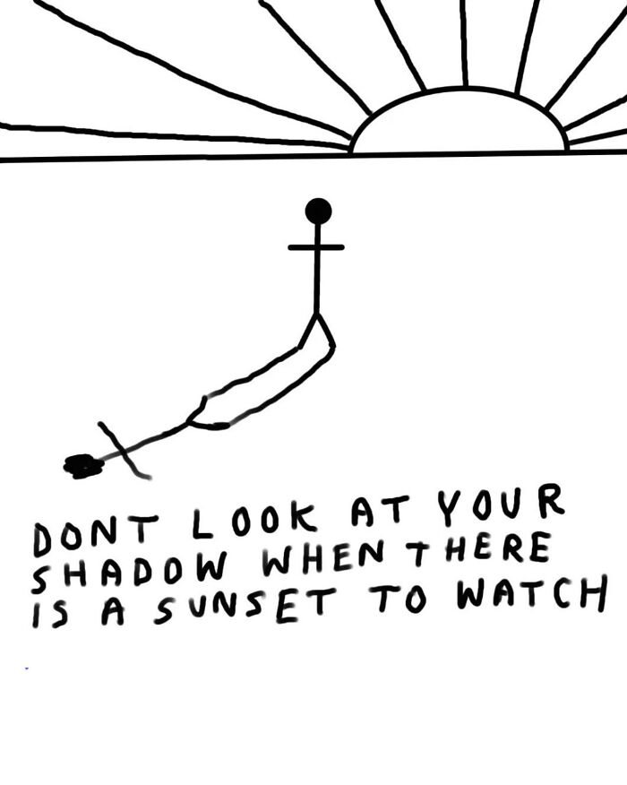 A light-hearted illustration with a stick figure and a sunset, offering comical puns about watching the sunset.