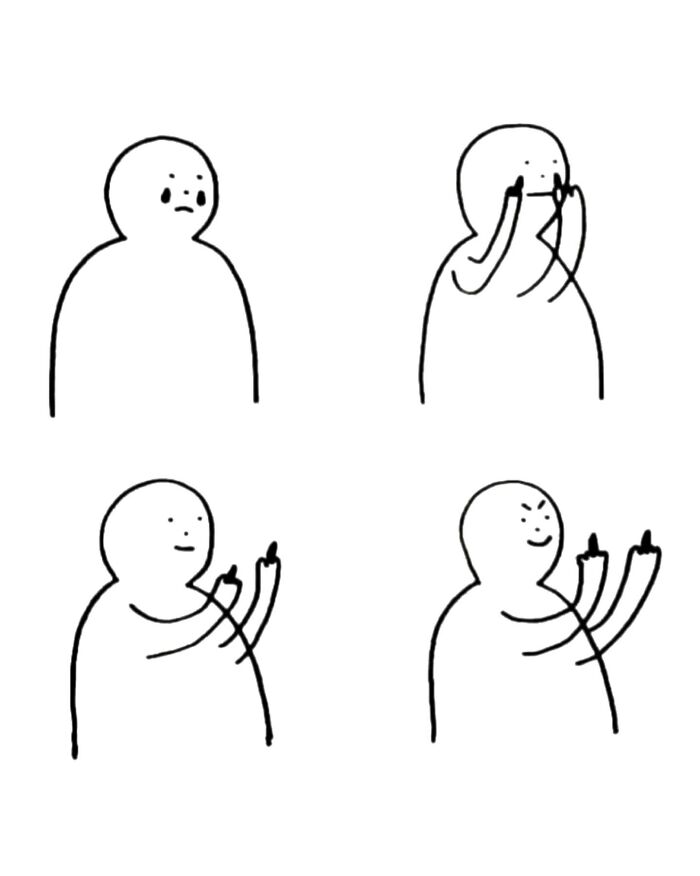 A light-hearted illustration featuring four frames of a person expressing emotions through silly wordplay.