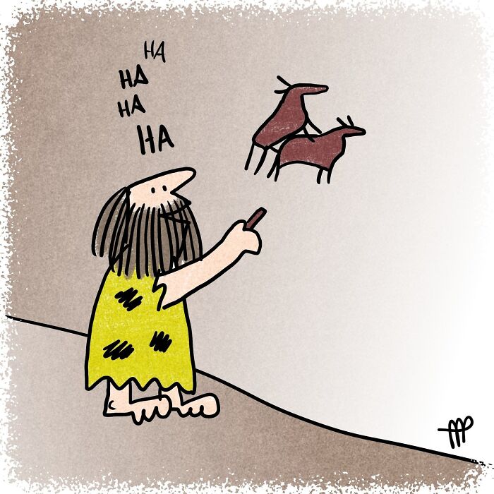 A caveman laughing at a cave painting of animals, pointing with a stick in a witty single-panel comic.