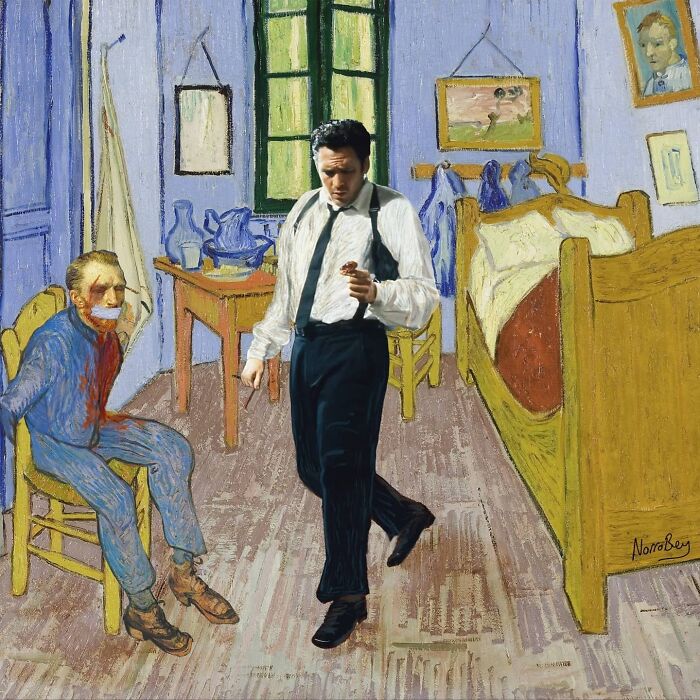 Digital artist blends famous movies with classical art, depicting a Reservoir Dogs scene in a Van Gogh painting.