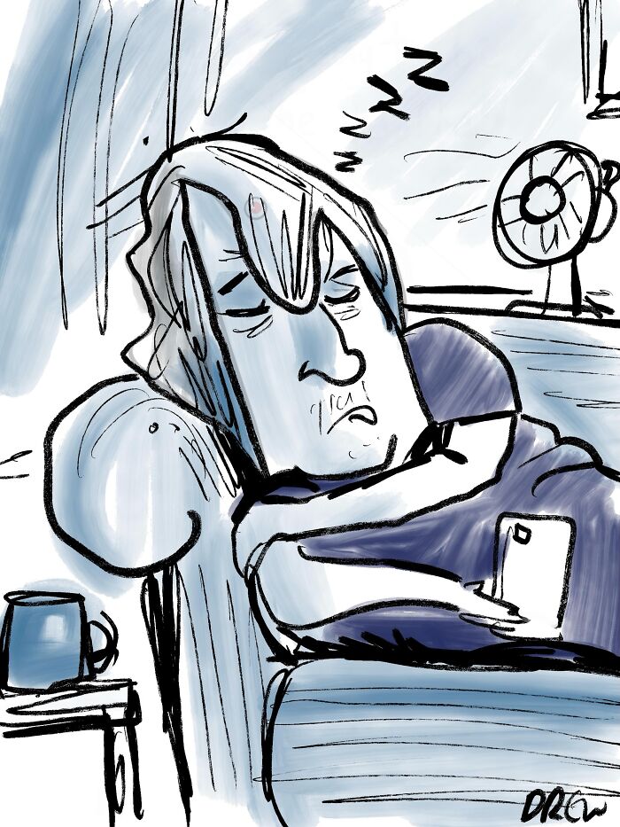 A clever single-panel comic shows a person napping on a couch with their phone, a mug, and a fan nearby.
