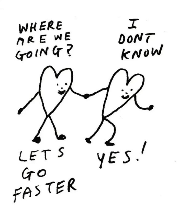 A light-hearted illustration of two hearts holding hands with comical puns about going faster.