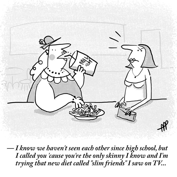 Two women discussing a 'slim friends' diet, one eating fries, in a witty single-panel comic.