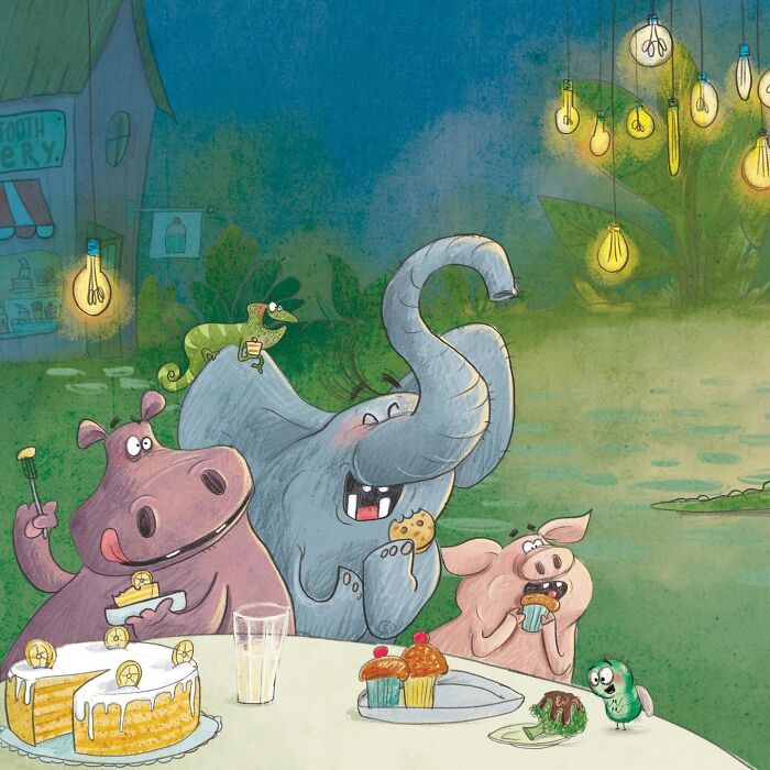 Lovable illustrated characters, a hippo, elephant, and pig, eating dessert at a table outdoors.