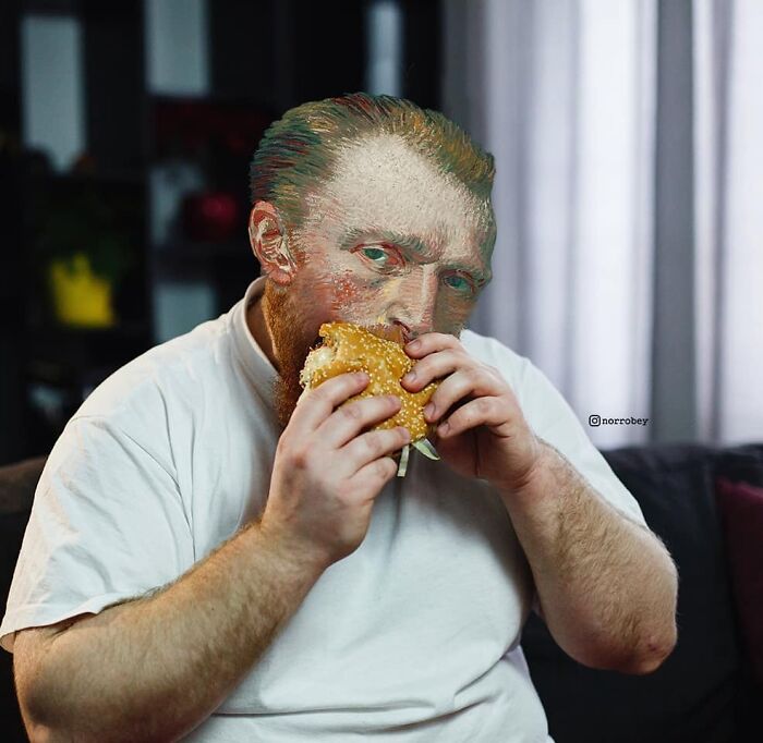 Digital artist blends famous movies with classical art, showing Van Gogh eating a burger.