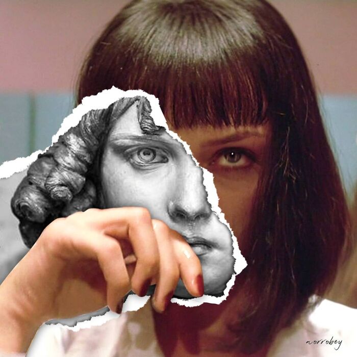 Digital artist blends famous movies and classical art: Pulp Fiction's Mia Wallace with a ripped classical art face.